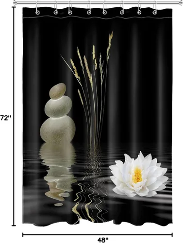 Miniatura 8 de LB Cortina de ducha asiática de piedra zen, cortina de ducha japonesa para baño, cortinas de baño de tela negra de 48 x 72 pulgadas con ganchos