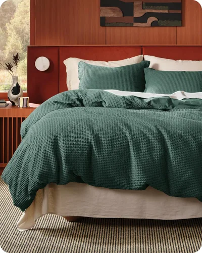 Bedsure - Funda de edredón de algodón tamaño King - 100% algodón de tejido gofre color verde bosque, juego de ropa de cama GentleSoft™ transpirable