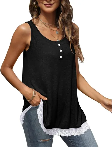 Miniatura 8 de Women Crewneck Button Up Tank Top Casual Loose Pure Color Lace Trim Ruffle Hem Camisole for Daily Party Date