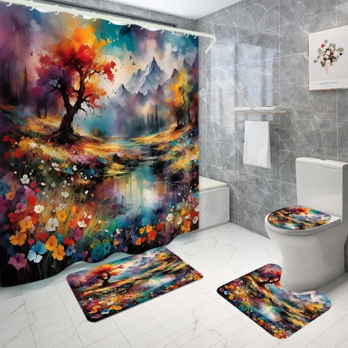 Miniatura 3 de cortina de baño, cubierta de inodoro, alfombra, accesorios de cuatro piezas, tela de poliéster, impresión 3D