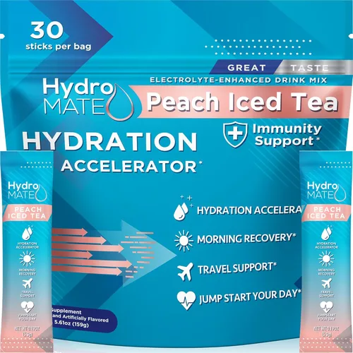 HydroMATE - Paquetes de hidratación con electrolitos en polvo, té de durazno, bajo en azúcar, 30 unidades
