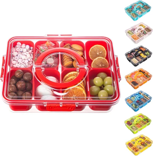 Miniatura 12 de Dingerjar Bandeja dividida para servir con tapa y asa, contenedor de charcutería para aperitivos portátiles, organizador transparente para dulces