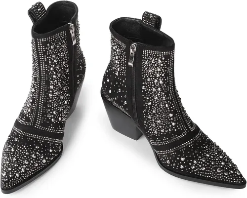 Miniatura 2 de ISNOM Botas vaqueras con diamantes de imitación, botines brillantes con punta puntiaguda y diseño de tacón grueso
