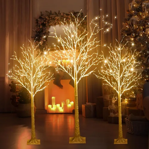 Miniatura 8 de Aurelema 6 piezas de árbol de abedul iluminado de 4 pies, 5 pies y 6 pies, 8 modos de Navidad, luces LED artificiales de color blanco cálido, árbol
