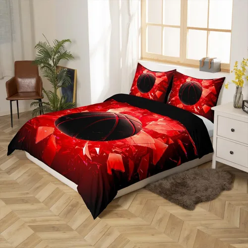Miniatura 2 de Erosebridal Juego de funda de edredón de baloncesto, tamaño individual, color negro y rojo, juego de ropa de cama con bola 3D para niños, niños