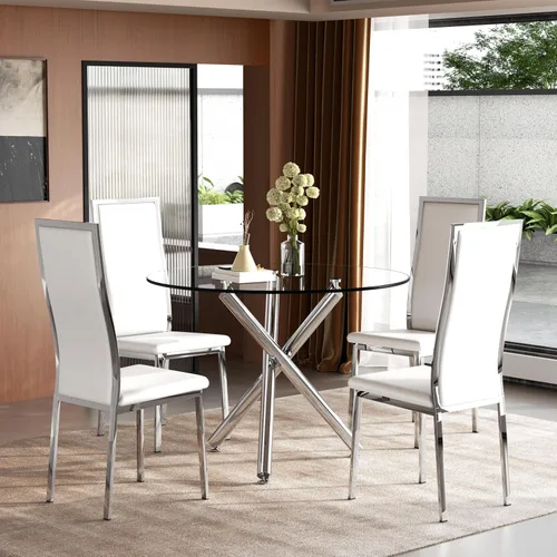 Miniatura 20 de Moderno juego de mesa redonda de cristal para 2, juego de mesa de cocina de círculo pequeño de 36 pulgadas con 2 sillas de comedor de piel sintética