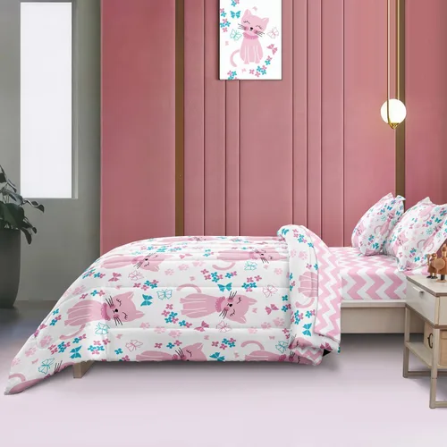 Miniatura 4 de Juego de cama individual para niños con gatos, lindo juego de edredón rosa con animales para decoración de dormitorio de adolescentes, juegos de Cat1