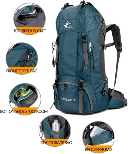 Miniatura 3 de Bseash Mochila impermeable de 60 L para senderismo y campamento con cubierta para lluvia, mochila grande para deportes al aire libre, mochila