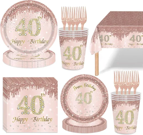 121 piezas de suministros para fiesta de 40 cumpleaños, platos, servilletas, tazas, tenedores, mantel, decoración temática de 40 cumpleaños en oro