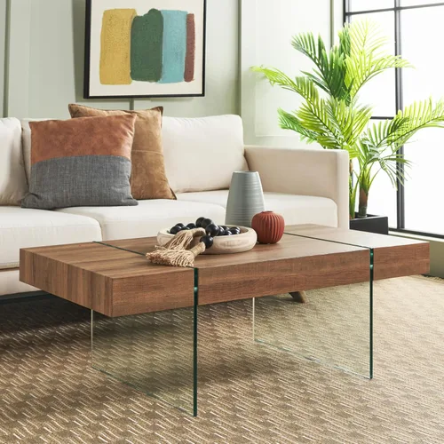 Miniatura 2 de SAFAVIEH Home Collection Jacob - Mesa de centro rectangular con patas de cristal transparente y parte superior marrón natural