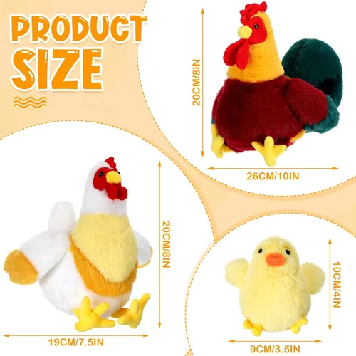 Miniatura 2 de Skylety Juego de 3 juguetes de peluche de pollo, juguete de peluche de pollo, juguete de peluche de gallo para granja, baby shower, fiesta