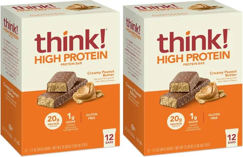 Think! Barras de proteína, sin gluten, barra energética sin azúcar con aislado de proteína de suero, Creamy Peanut Butter, barras nutricionales, sin