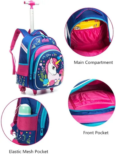 Miniatura 4 de Meetbelify Mochilas con ruedas de unicornio para niñas, mochila con ruedas para niñas, bolsas escolares con lonchera