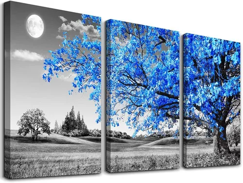 Miniatura 23 de Arte de pared para sala de estar, blanco y negro, árbol azul, luna, lienzo para decoración de pared para el hogar, obra de arte enorme, pintura