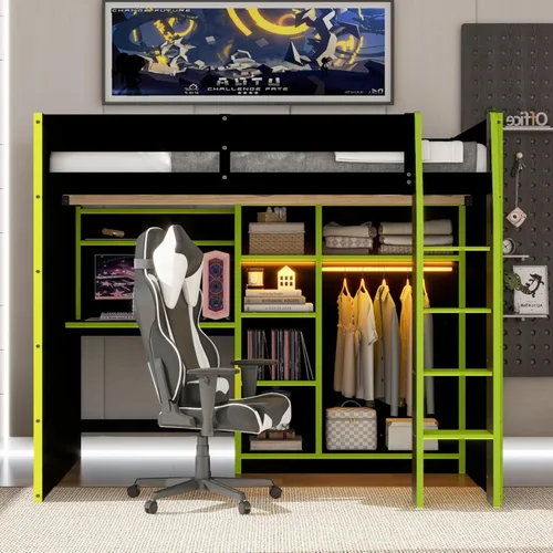 Miniatura 13 de Cama tipo loft de tamaño matrimonial con escritorio ajustable en altura y litera superior y caja de almacenamiento LED, marco de madera con barra
