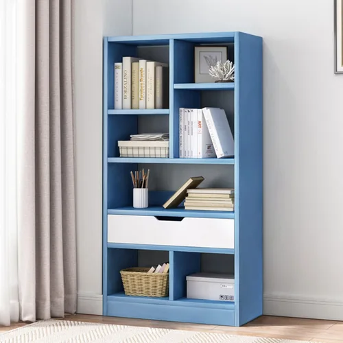 Miniatura 2 de IOTXY - Estantería de madera con espacios abiertos, 51" de altura, organizador de almacenamiento con 7 cubos y un cajón, estante de piso, color azul