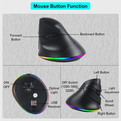 Miniatura 6 de Ratón vertical inalámbrico ergonómico Bluetooth, conexión de 3 dispositivos (BT1/BT2 + USB de 2.4 G), RGB 3200 DPI tipo C recargable portátil