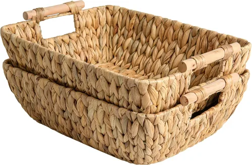 Miniatura 19 de StorageWorks Cestas de almacenamiento grandes tejidas a mano con asas de madera, cestas de mimbre de hierba marina para organizar, paquete de 2