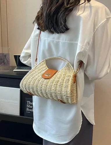 Miniatura 5 de Bolso cruzado de paja tejida a mano para mujer, bolso de hombro con asa superior de ratán para playa de verano, bolso de mano