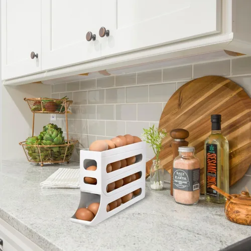 Miniatura 3 de Soporte para huevos con ruedas automáticas para refrigerador, estante organizador de refrigerador (blanco)