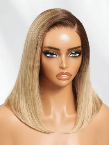 Miniatura 3 de Pelucas de cabello humano Bob de Beauty Forever, rubia con raíces marrones, parte lateral, corte recto, 7x5 encaje HD, adiós a los nudos, peluca Bob