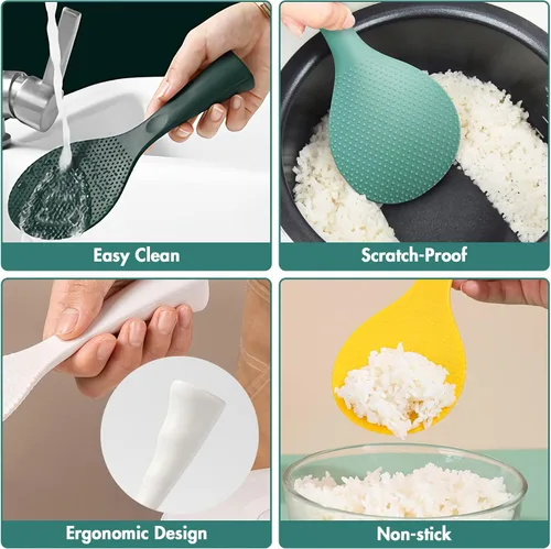 Miniatura 5 de FireKylin Cuchara de arroz de silicona con paleta antiadherente y soporte, cuchara para olla arrocera resistente al calor, cuchara para servir
