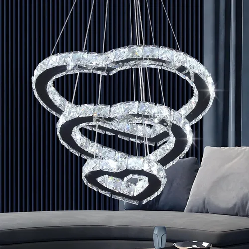 Lámpara de araña moderna de cristal de corazón de 3 anillos con iluminación LED colgante de acero inoxidable para sala de estar, comedor y blanco