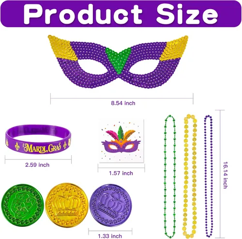 Miniatura 3 de MGparty 216 piezas de accesorios de Mardi Gras, máscaras, cuentas, collares, monedas, tatuajes, pulseras, carnaval, desfile de máscaras, suministros