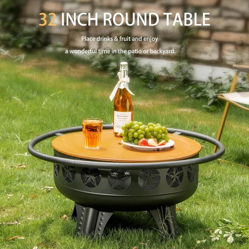 Miniatura 2 de Verdeluxe Pozo de fuego de 32 pulgadas con rejilla de cocción giratoria, hoguera de leña 3 en 1 con parrilla, mesa de fogata al aire libre con tapa