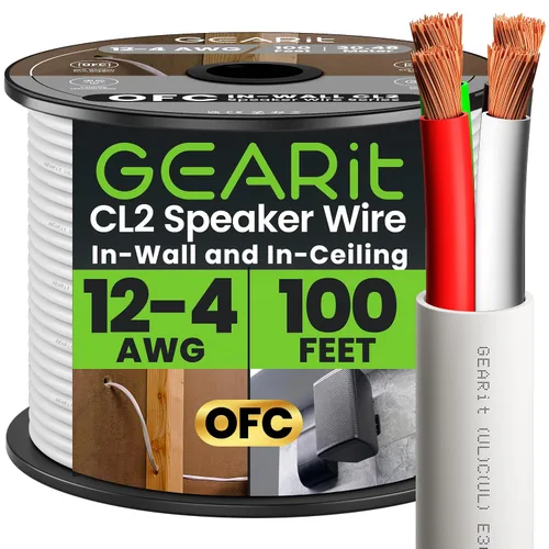 GEARit Cable de altavoz 12/4 (100 pies), calibre 12 AWG, seguridad contra incendios en pared, clasificación CL2, 4 conductores, cobre OFC sin
