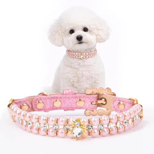 Miniatura 9 de HOWWFALY Collares de perlas para perros y gatos con diamantes de imitación de cristal, collar de piel sintética, collar ajustable para perros