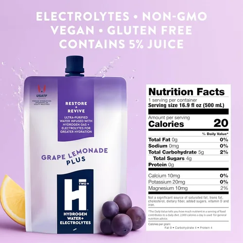 Miniatura 2 de HTWO Plus Agua de hidrógeno molecular con electrolitos, sabor a limonada de uva, paquetes de hidratación sin azúcar, paquete de 6 unidades de 16.9