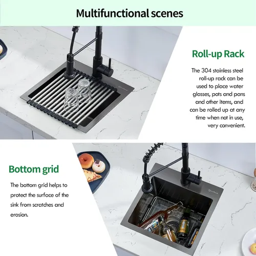 Miniatura 4 de Fregadero de cocina de 15 x 15 pulgadas, fregadero de preparación de barra de montaje superior de 16 calibre 16 T-304 de acero inoxidable negro