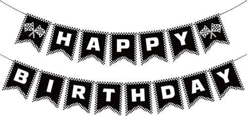 Decoraciones de fiesta de cumpleaños de coche de carreras, bandera de feliz cumpleaños a cuadros en blanco y negro, suministros de fiesta temática