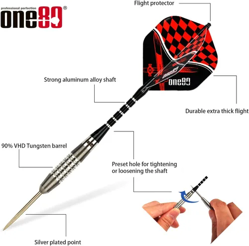 Miniatura 2 de ONE80 - Dardo de punta de acero profesional de tungsteno 90% VHD, estilo barril con vuelos extra, ejes y sacapuntas, caja de regalo con empaque