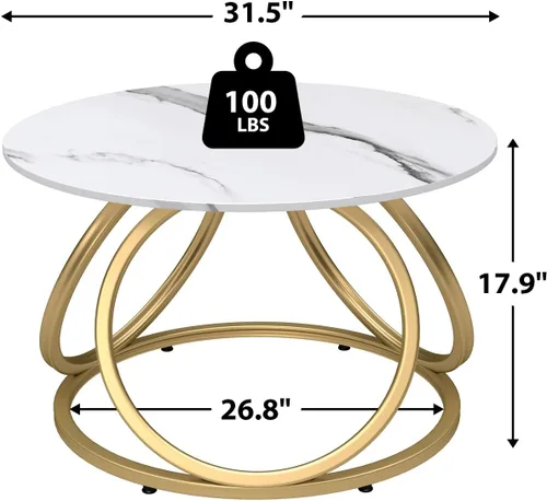Miniatura 2 de O&K FURNITURE Mesa auxiliar redonda dorada, parte superior de mármol sintético con venas, mesa central moderna con marco de metal dorado, para sala