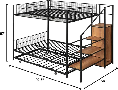 Miniatura 2 de Litera de metal individual sobre cama matrimonial con nido y escalera de almacenamiento lateral y armario, color negro