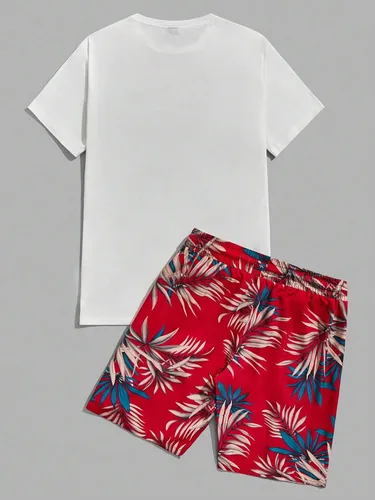Miniatura 21 de GORGLITTER Conjunto de 2 piezas de camiseta gráfica de manga corta para hombre, estampado hawaiano con cordón y pantalones cortos