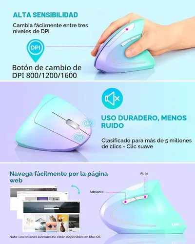 Miniatura 5 de Lekvey Ratón ergonómico, ratón vertical inalámbrico, ratón recargable óptico 2.4G para túnel carpiano: 800/1200/1600 DPI, 6 botones, para laptop