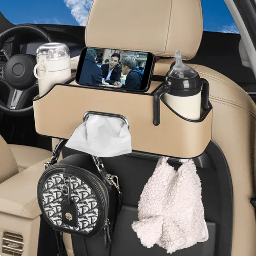 Miniatura 6 de HOLDCY Organizador de asiento trasero de automóvil con 2 portavasos para bebidas, caja de pañuelos y gancho para caja de almacenamiento, Beige