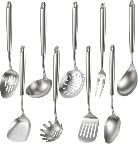 Newness - Juego de utensilios de cocina de acero inoxidable 304, accesorios de cocina de metal, incluye cucharón de sopa, cuchara ranurada, cuchara