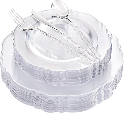 Liacere - 150 platos de plástico plateado transparente y cubiertos desechables de plástico plateado con mango de bambú con purpurina - Platos