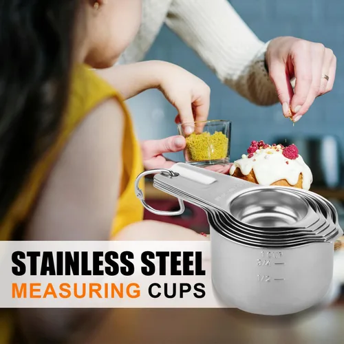 Miniatura 7 de Juego de 7 tazas medidoras apilables de acero inoxidable, resistentes, perfectas para ingredientes secos y líquidos, tazas medidoras anidables