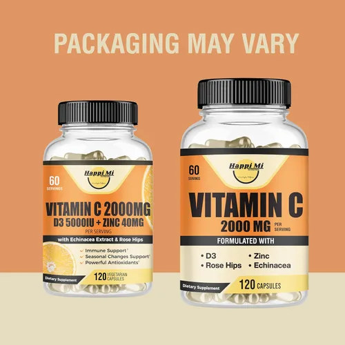 Miniatura 2 de Vitamina C 2000 mg por porción con zinc 40 mg y vitamina D3 5000 UI - Extracto de equinácea y rosa mosqueta - 120 cápsulas veganas, suministro
