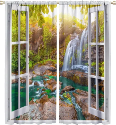 Miniatura 42 de Cortinas de paisaje, ventana tropical con vista al mar, océano, playa, barco, cortinas con estampado de palmeras para dormitorio, sala de estar, Mar