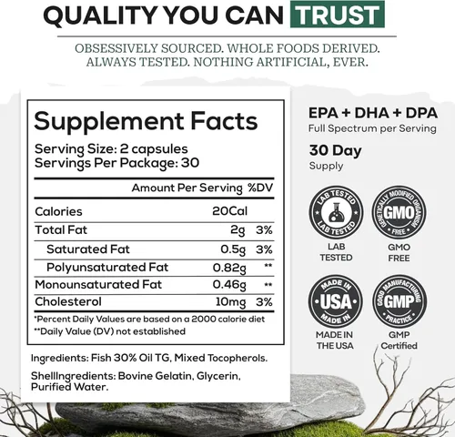 Miniatura 5 de Suplemento de aceite de pescado silvestre Omega 3 con DPA, DHA y EPA Wild capturado en Estados Unidos, eructos menos, sin OMG, sin gluten y probado