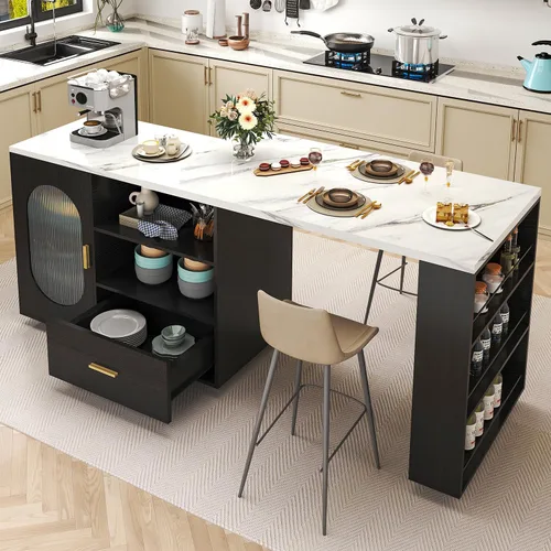 Miniatura 14 de HSH Isla de cocina rodante de 72 pulgadas con asiento, mesa giratoria de 360°, isla de cocina con gabinete de almacenamiento, cajón y estantes