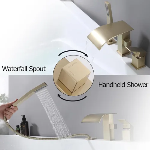 Miniatura 3 de Grifo de bañera romana tipo cascada con ducha de mano, grifo llenador de bañera de montaje en cubierta con rociador, juego de grifería de ducha