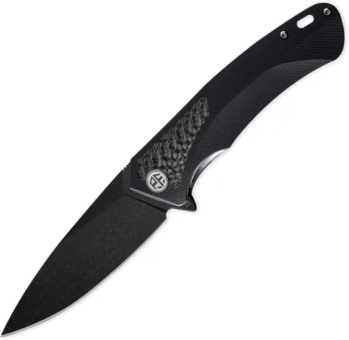 Petrified Fish PF838, Cuchillo plegable con hoja D2 de 3.74" negro lavado a la piedra, 166.6g, mango de fibra de carbono y G10