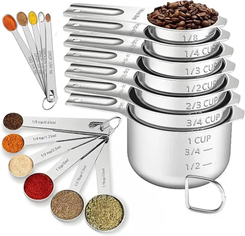 Miniatura 9 de Juego de 21 tazas y cucharas medidoras, incluye 7 tazas medidoras anidables, 9 cucharas medidoras y 5 mini cucharas, juego de medición de metal